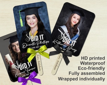 Class of 2025 Grad Hand Fans with Bows, Custom Photo Graduation Celebration Fans, Congrats Grad Fans with Engraved Handle, Grad Party Favors