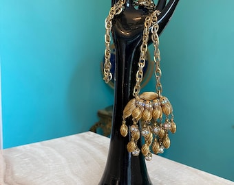 Vintage Gold Pendant Necklace with Rhinstone Beads