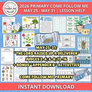 Könnte beinhalten: Eine Sammlung von druckbaren Unterrichtsmaterialien für das Programm Primar Come Follow Me 2026, Mai 25-31. Das Material umfasst verschiedene Arbeitsblätter, Illustrationen und Texte zum Thema, mit dem Text "Der Herr erweckte einen Retter".