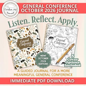 Könnte beinhalten: Zwei spiralgebundene Journale mit dem Titel General Conference October 2026. Ein Einband zeigt ein farbenfrohes botanisches Muster mit Pilzen und Blumen, während der andere eine schwarz-weiße Strichzeichnung ist. Ein goldener Stift liegt darauf.