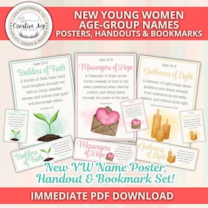 Op de afbeelding: Een set printbare posters, handouts en bladwijzers voor jonge vrouwen, met inspirerende thema's. Het ontwerp bevat teksten als "Builders of Faith", "Messengers of Hope" en "Gatherers of Light". Directe PDF-download beschikbaar.