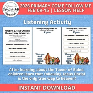 May include: A teal and white printable lesson plan titled "2026 Primary Come Follow Me" with the text "Listening Activity." The lesson focuses on following Jesus Christ. Includes images of Jesus and children, and the words "Instant Download."