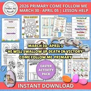 Könnte beinhalten: Ein farbenfrohes, österliches Unterrichtspaket mit dem Text "2026 Primary Come Follow Me" und "Easter Activity Pack". Enthält Arbeitsblätter, Labyrinthe und Illustrationen von Ostereiern, Kreuzen und religiösen Figuren. Der Text "Instant Download" ist ebenfalls sichtbar.