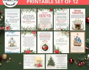 May include: A collection of 12 LDS Christmas quote printables. The cards feature festive designs with holiday imagery, including poinsettias, Christmas trees, and Nativity scenes. The cards have inspirational quotes and the words "Merry Christmas".