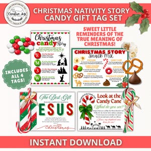 May include: A set of four Christmas nativity story candy gift tags featuring text and illustrations. The tags include descriptions of candy meanings, a candy cane legend, and religious messages with red, green, and white festive graphics.