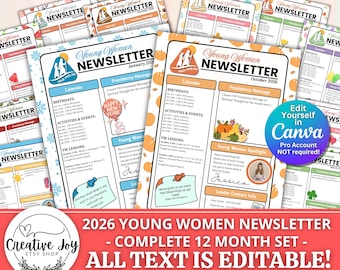 2026 Young Women Newsletter Template | Editable LDS YW Newsletter Set of 12 | Walk With Me Youth Theme | Moses 6:34 | Canva Printable PDF