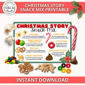 May include: A Christmas Story Snack Mix printable card featuring text and illustrations of popcorn, candy-coated chocolates, pretzels, animal crackers, a candy cane, Life Savers, and chocolate kisses, with holly accents and a red border.