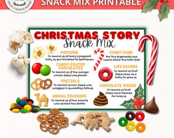 Puede incluir: Una tarjeta imprimible Christmas Story Snack Mix con texto e ilustraciones de palomitas, chocolates, pretzels, galletas de animales, bastón de caramelo, caramelos Life Savers y chocolates, con detalles de acebo y borde rojo.