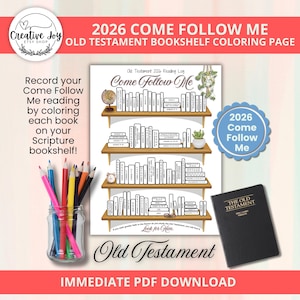 Puede incluir: Una página para colorear imprimible con el texto "2026 Come Follow Me" y "Old Testament Bookshelf Coloring Page". El diseño presenta una estantería con libros, un globo terráqueo y una planta. Un tarro de lápices de colores está a la izquierda y un libro a la derecha.