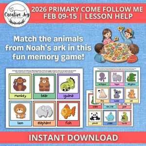 May include: A colorful memory game featuring illustrations of animals from Noah's Ark. The game includes cards with animals like monkeys, bears, and iguanas. The text reads "Match the animals from Noah's ark in this fun memory game!" and "Instant Download."