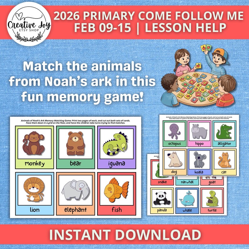 May include: A colorful memory game featuring illustrations of animals from Noah's Ark. The game includes cards with animals like monkeys, bears, and iguanas. The text reads "Match the animals from Noah's ark in this fun memory game!" and "Instant Download."