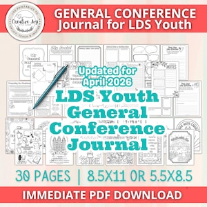 Op de afbeelding: Een afdrukbaar LDS Youth General Conference Journal met 30 pagina's, verkrijgbaar in formaten van 21,6 x 27,9 cm of 14 x 21,6 cm. Het journal bevat pagina's voor notities, doelen en reflecties. De omslag bevat de tekst "General Conference Journal for LDS Youth".