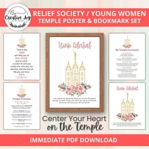 Op de afbeelding: Een set printbare posters en bladwijzers met tempelontwerpen. De posters bevatten tekst en illustraties van tempels, met bloemaccenten en de woorden "Think Celestial" en "Center Your Heart on the Temple."
