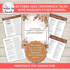 Könnte beinhalten: Ein Spiralbuch mit dem Text "October 2025 General Conference Journal Edition" auf dem Cover, verziert mit floralen Designs. Es enthält 33 Vorträge mit breiten Rändern für Notizen. Zusätzliche Seiten zeigen Sitzungspläne.