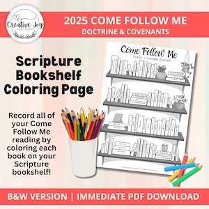 2025 Vieni e seguitami / Dottrina e Alleanze Bookshelf Reading Tracker B&W Pagina da colorare / LDS
