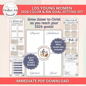 May include: A digital download for LDS Young Women, featuring a 2026 goal-setting set. The design includes templates for action steps, goal planning, and a booklet. The set is available in color and black & white versions.