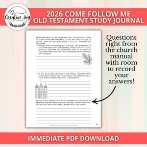 May include: A white study journal with the text "2026 Come Follow Me Old Testament Study Journal" and "Immediate PDF Download". The journal includes questions from the church manual with space to record answers.