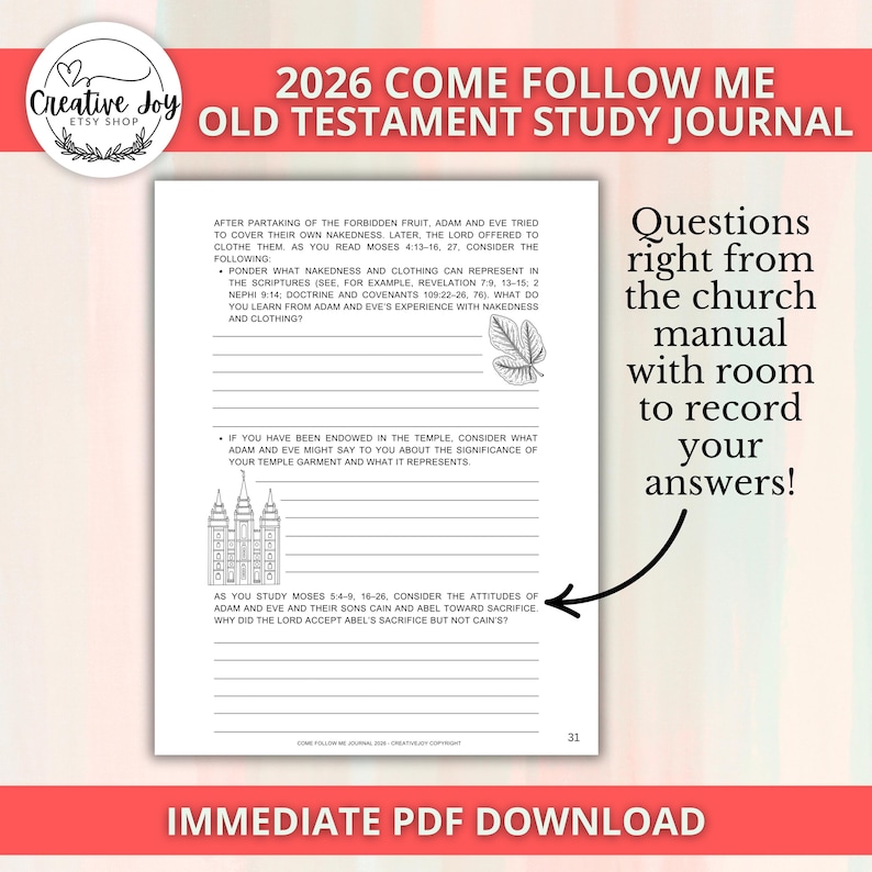 May include: A white study journal with the text "2026 Come Follow Me Old Testament Study Journal" and "Immediate PDF Download". The journal includes questions from the church manual with space to record answers.