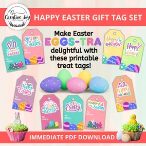 Könnte beinhalten: Druckbare Ostergeschenkanhänger mit bunten Eiern, Hasen und dem Text "Frohe Ostern". Die Anhänger sind perfekt, um Osterkörben oder Geschenken eine festliche Note zu verleihen.