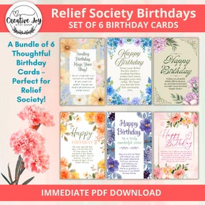 Tarjetas de cumpleaños de la Sociedad de Socorro: 6 tarjetas imprimibles para las Hermanas SUD / Folletos de cumpleaños de la Presidencia de la Sociedad de Socorro / Juego imprimible de ministración