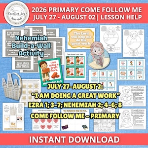 Op de afbeelding: Een verzameling printbare educatieve werkbladen voor de 2026 Primary Come Follow Me les van 27 juli tot 2 augustus. De set bevat Nehemiah Build-a-Wall activiteitenkaarten, bijbelstudiepagina's, traktatiekaartjes en kleurplaten.