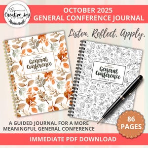 Peut inclure: Deux journaux à spirales avec des motifs floraux et le texte "General Conference October 2025". L'un des journaux présente un design en couleur, l'autre en noir et blanc. Un stylo noir repose sur le second journal. Les journaux sont étiquetés "A Guided Journal" et "86 Pages."
