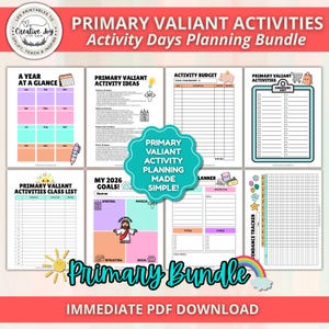 May include: A digital printable bundle for Primary Valiant activities featuring eight planning pages. Includes a year at a glance, activity ideas, budget tracker, shopping list, class list, goal sheet, weekly planner, and attendance tracker with colorful graphics.