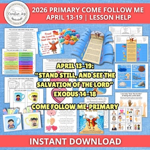 Può includere: Un download digitale colorato per la lezione 2026 Primary Come Follow Me. L'immagine include vari materiali stampabili, illustrazioni e testo, tra cui la frase "Stand Still, and See the Salvation of the Lord" e "Instant Download".