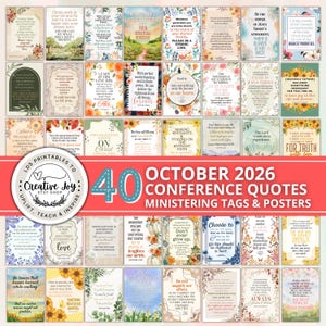 May include: A collection of 40 rectangular posters and tags featuring religious quotes and floral illustrations. The central text reads 40 OCTOBER 2026 CONFERENCE QUOTES MINISTERING TAGS & POSTERS, with a circular logo for Creative Joy Etsy Shop.