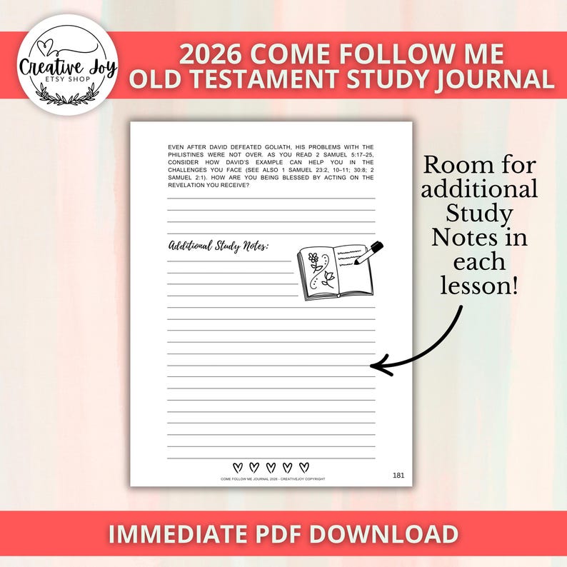 May include: A white study journal page with lined spaces for notes. The journal includes the text "2026 Come Follow Me Old Testament Study Journal." There is a drawing of a book and pencil. The text "Room for additional Study Notes in each lesson!" is also included.
