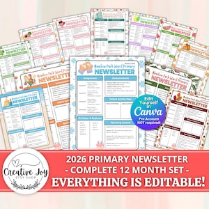 Puede incluir: Un conjunto de 12 boletines informativos primarios editables para 2026, cada uno con un tema de temporada diferente. Los boletines incluyen secciones para tareas, anuncios y lecciones futuras. El texto "Edit Yourself in Canva" está incluido.