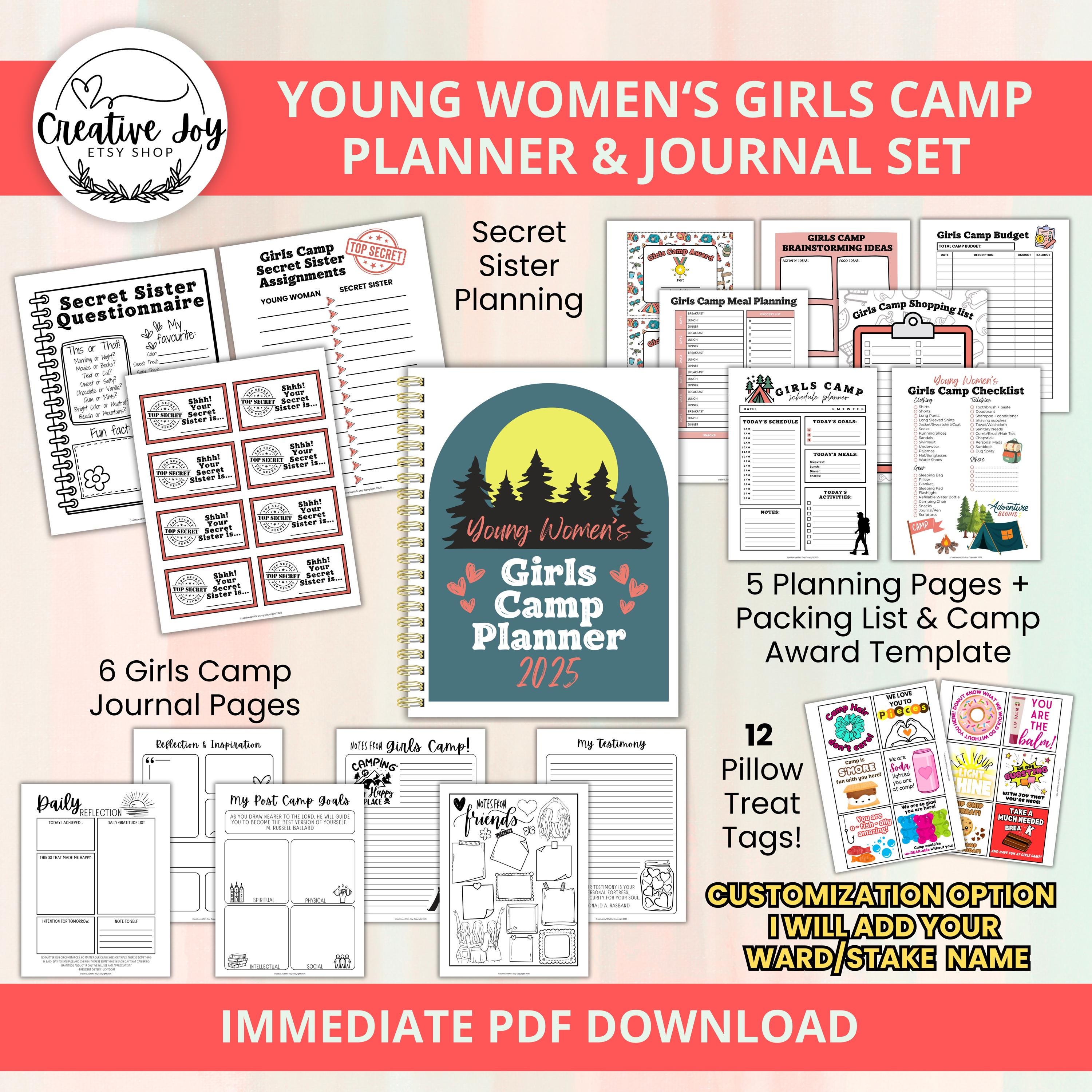 2025 Girls Camp Planner Bundle | Girls Camp Journal | Young Women | Girls Camp Awards | LDS Girls Camp Pillow Treats | LDS Youth Printables