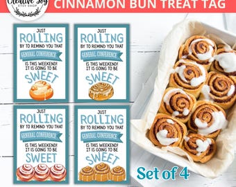 LDS General Conference Cinnamon Roll Treat Tags Printable | “Just Rolling By” Reminder | Ministering or Youth Gift Tag | Instant Download