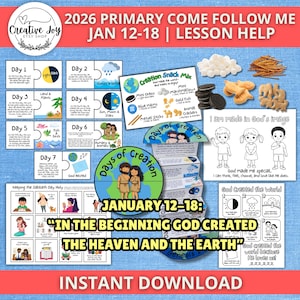 May include: A vibrant educational resource for the 2026 Primary Come Follow Me program. The image includes lesson aids, puzzle pieces, snack ideas, and the text "In the Beginning God Created the Heaven and the Earth."