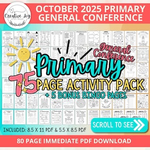 Könnte beinhalten: Ein digitales Aktivitätspaket für die Primary General Conference im Oktober 2025. Das Paket enthält 75 Seiten mit Aktivitäten und 5 Bonus-Bingoseiten. Der Download enthält 8,5 x 11 PDF- und 5,5 x 8,5 PDF-Dateien.