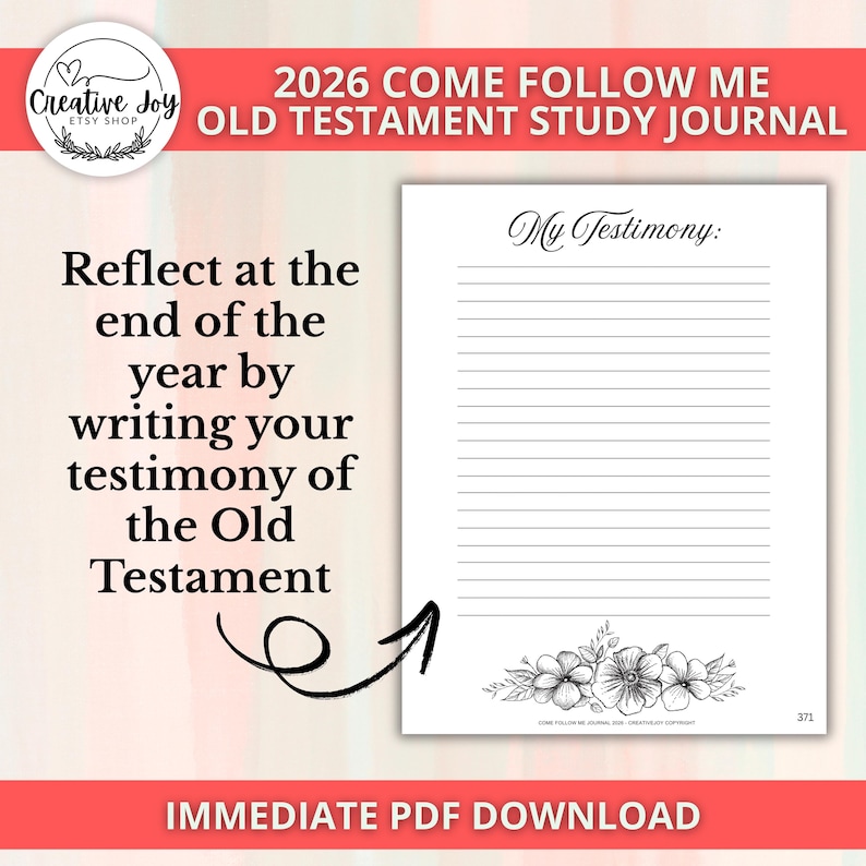 May include: A white study journal with lined pages and the text "My Testimony." The journal includes the text "2026 Come Follow Me Old Testament Study Journal" and "Reflect at the end of the year by writing your testimony of the Old Testament."