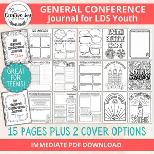 May include: A General Conference Journal for LDS Youth, with 15 pages and 2 cover options. The journal includes pages for notes, goals, quotes, and doodles. The cover options are personalized with names. Text includes "Great for Teens!"