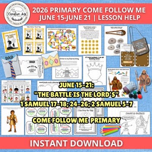 以下が含まれることがあります： 2026年Primary Come Follow Meプログラムの印刷可能なレッスン補助具のコレクション。さまざまなアクティビティとイラストが特徴です。「The Battle is the Lord's」と「Instant Download」のテキストが含まれています。