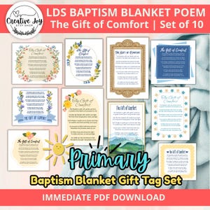 May include: A set of 10 baptism blanket gift tags with the text "The Gift of Comfort" in various floral and decorative frames. The tags are in different colors, including blue, yellow, and white. The words "Primary" and "Baptism Blanket Gift Tag Set" are also visible.