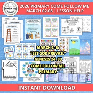以下が含まれることがあります： 2026年プライマリーカムフォローミープログラム用の印刷可能なレッスン補助具のコレクション。資料には、創世記24～33章の「神を勝利させよ」をテーマにしたワークシート、塗り絵、視覚補助具が含まれています。「インスタントダウンロード」というテキストが含まれています。