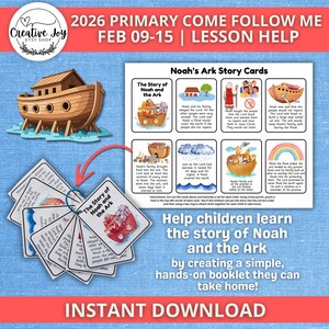 May include: A digital download featuring a lesson plan about Noah's Ark. The image includes a drawing of the ark, story cards, and the text "Help children learn the story of Noah and the Ark by creating a simple, hands-on booklet they can take home!"