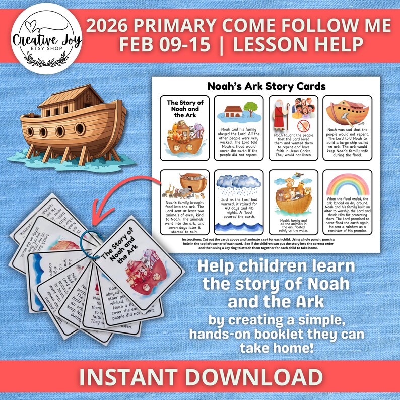 May include: A digital download featuring a lesson plan about Noah's Ark. The image includes a drawing of the ark, story cards, and the text "Help children learn the story of Noah and the Ark by creating a simple, hands-on booklet they can take home!"