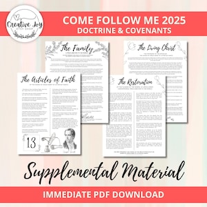 Puede incluir: Una descarga PDF imprimible en blanco y negro para el estudio Ven, Sígueme 2025 de Doctrina y Convenios. El documento incluye secciones sobre La Familia, El Cristo Viviente, Los Artículos de Fe y La Restauración.