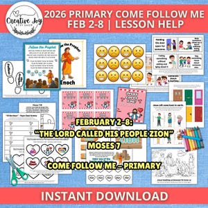 Könnte beinhalten: Eine Sammlung von druckbaren Unterrichtshilfen für das "Come Follow Me"-Primärprogramm mit dem Text "2026 Primary Come Follow Me Feb 2-8 Lesson Help". Enthält Bilder des Propheten, Jesu und verschiedene Aktivitäten.