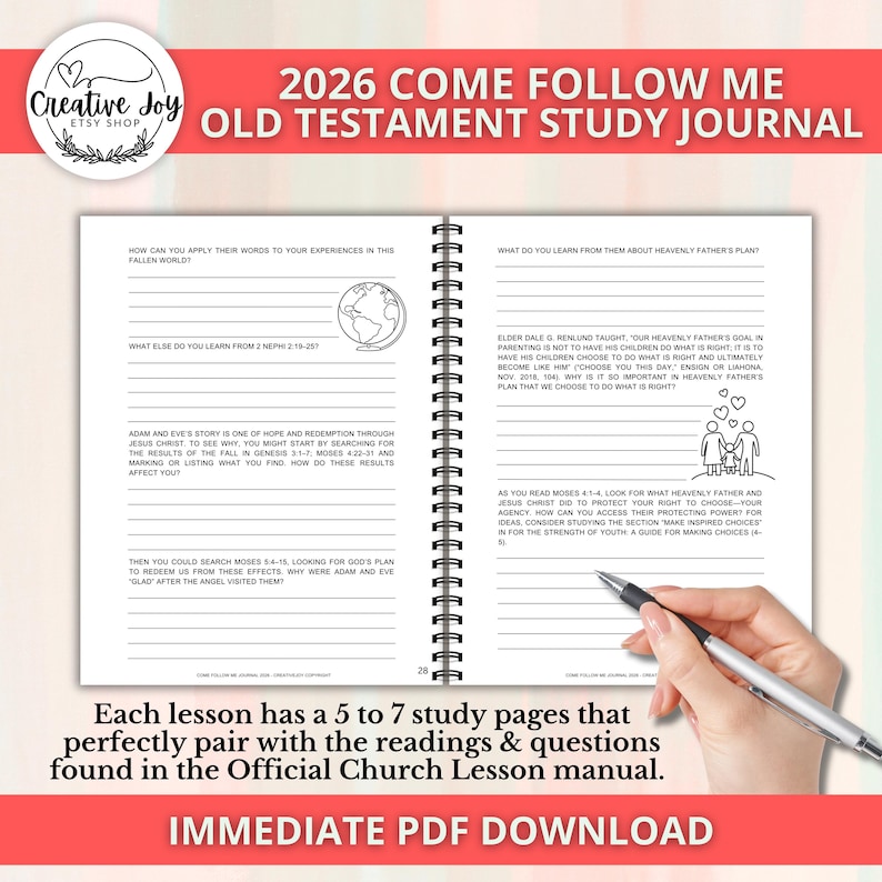 May include: A spiral-bound study journal with the title "2026 Come Follow Me Old Testament Study Journal." The open pages feature lined spaces for notes and questions, with a globe illustration. The journal is designed to accompany the Official Church Lesson manual.