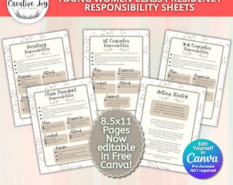 Hojas de responsabilidades editables para la presidencia de clase de las Mujeres Jóvenes / Carpeta de presidencia de clase / Descarga inmediata en PDF / Ven, sígueme / SUD