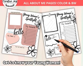 May include: Two printable "Young Women's Spotlight" pages, one in color and one in black and white, with a "hello" greeting, a space for a name, and a list of "My Favorites" categories. The pages are decorated with simple flower illustrations.