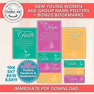 Op de afbeelding: Een verzameling kleurrijke posters en bladwijzers met inspirerende boodschappen voor jonge vrouwen. De posters bevatten zinnen als 'Bouwers van Geloof', 'Boodschappers van Hoop' en 'Verzamelaars van Licht'. Verkrijgbaar in verschillende formaten, waaronder 10x15, 13x18, 20x25 en 21,5x28 cm.