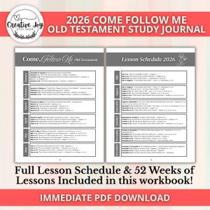 May include: A study journal with the text "2026 Come Follow Me Old Testament Study Journal" and "Come, Follow Me Old Testament" on the cover. The interior pages display a lesson schedule for 2026, with a full lesson schedule and 52 weeks of lessons included.