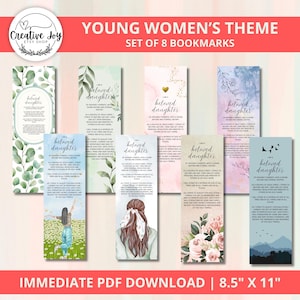 May include: Set of eight bookmarks with a watercolor background and the text "I am a beloved daughter" in gold lettering. The bookmarks feature different floral and nature designs, including a girl with a floral headband, a floral bouquet, and a mountain landscape. The bookmarks are 8.5 inches by 11 inches.